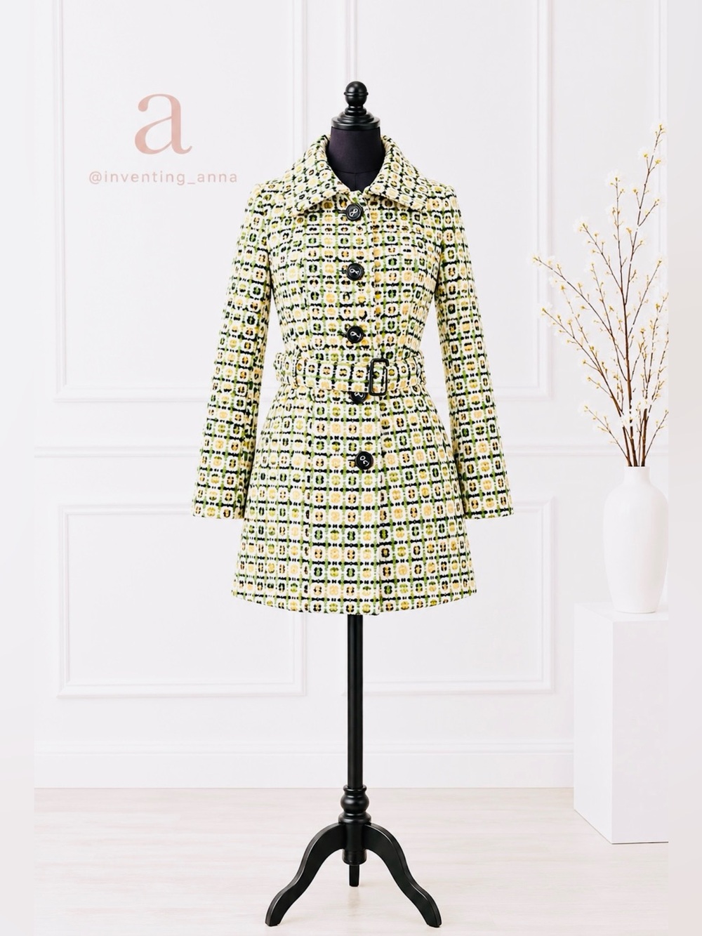 Green, Yellow, and Cream Geometric Pattern Belted Trench Coat Austin Powers Vibe
